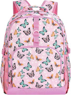 Choco Mocha Butterfly Backpack for Girls, Elementary School Backpack for Girls Ages 6-8 Kids Kindergarten Backpack Bookbag 17 Inch with Chest Strap, Pink