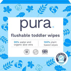 Pura Flushable Toddler Wipes 10 x 60 Wipes (600 Wipes), 100% Plastic Free, 99% Water, Hypoallergenic & Fragrance Free, Totally Chlorine Free, Kids Toilet Wipes, Sensitive Skin