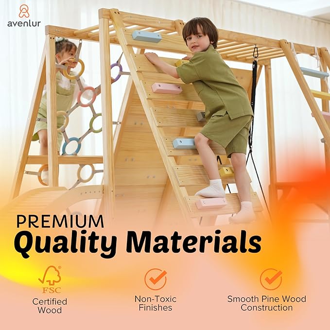 Avenlur Sweetgum Indoor Wooden Playset, 8-in-1 Climber with Rock Wall, Slide, Monkey Bars, Swing, Ages 2-6 Years