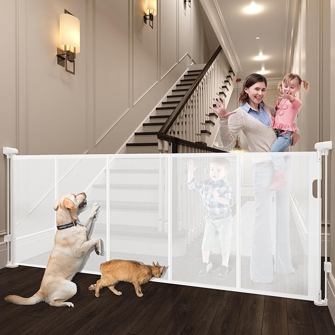 Retractable Baby Gates Dog Gate for Stairs, 100" Wide Retractable Gate Mesh Pet Gate, 41" Extra Tall Child Safety Gate with Fiberglass Rods for Stairways, Doorways, Hallways, Indoor/Outdoor