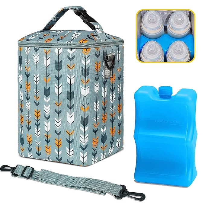 Breastmilk Cooler Bag with Ice Pack Fits 4 Baby Bottles Up to 9 Ounce Insulated Baby Bottle Bag Breast Milk Cooler on The Go with Strap Baby Bottle Cooler Bag for Nursing Mom Daycare or Travel