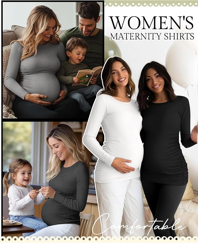 Ficerd 4 Pack Women's Maternity Shirts Cotton Long Sleeve Ribbed Crew Neck Pregnancy Tops Side Ruched Casual Mama Clothes