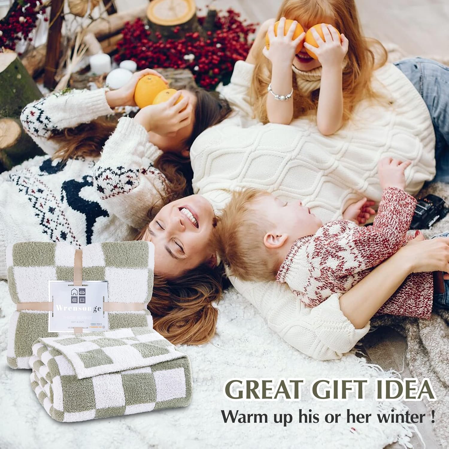 WRENSONGE Checkered Throw Blanket, Sage Green Soft Cozy Fluffy Warm Hand Made Throw Blankets for Couch, Sofa, Chair, Bed, Camping, Picnic, Travel Lightweight Bed Blanket - 60"*80"