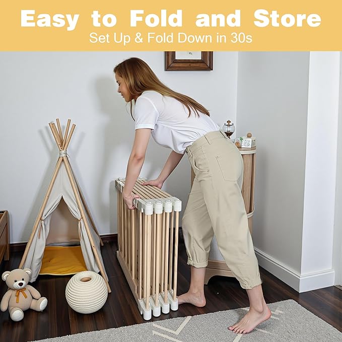 Foldable Wooden Playpen for Babies and Toddlers, Baby Play Pen with Gate, Portable Baby Fence Indoor Activity Center, Adjustable Size & Shape, 10 Panels