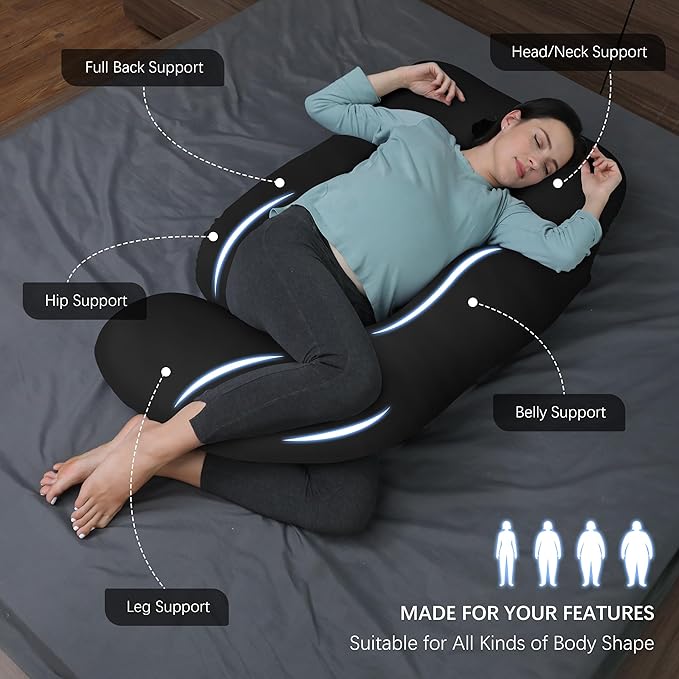 MOON PARK Pregnancy Pillows for Sleeping - U Shaped Full Body Maternity Pillow with Removable Cover - Support for Back, Legs, Belly, HIPS - 65 Inch - Black - Cooling Cover