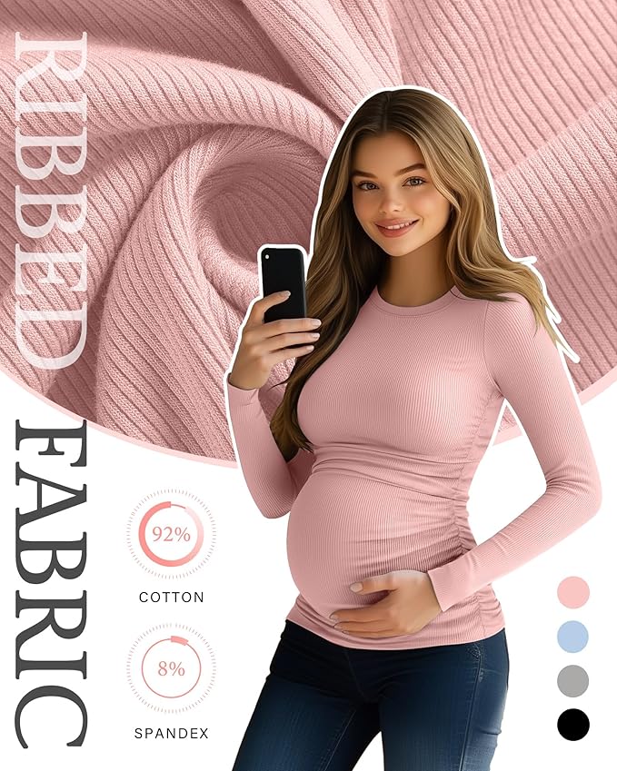 Ficerd 4 Pack Women's Maternity Shirts Cotton Long Sleeve Ribbed Crew Neck Pregnancy Tops Side Ruched Casual Mama Clothes