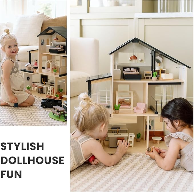 Tiny Land Doll House, Modern Family Dollhouse with Realistic Design, Wooden Dollhouse with 53Pcs Furniture - Ideal Gift for Kids Ages 3+