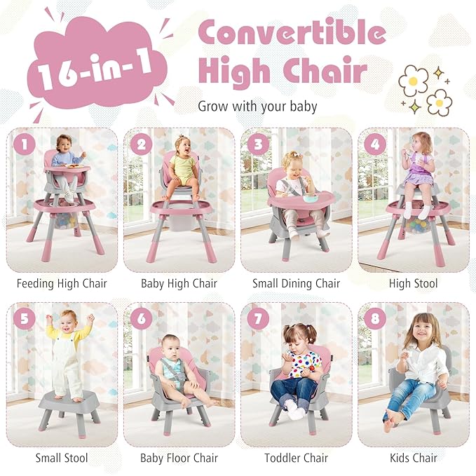 HONEY JOY 16-in-1 Baby High Chair, Convertible Highchair for Babies and Toddlers/Booster Seat/Activity Center with Toys, Building Block Table & Stool, Safety Harness, Removable Cushion & Tray (Pink)