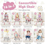 KOTEK 16 in 1 Convertible High Chair, Baby Highchair & Activity Center with Toys, Booster Seat, Building Block Table, Toddler Chair with 5-Point Harness, Removable Tray & Cushion (Pink)