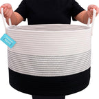 OrganiHaus Woven Laundry Basket, Large Cotton Rope Blanket Holder with Handles, Soft & Sturdy Nursery Hamper, Decorative Toy Bin for Living Room Organization 20x13 inches - Off-White/Black