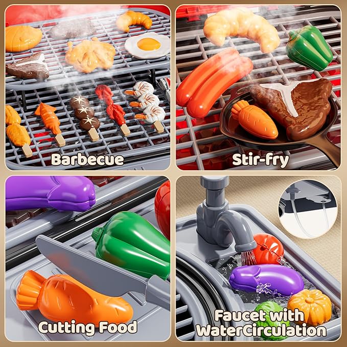 Kids Kitchen Toy Set, Kids BBQ Grill Kitchen Playset with Smoke, Sound & Light, 2-Layer Barbecue Indoor Outdoor Play Grill Toy Gift for Toddler Girl Boy Toy 3 4 5 6 7 8 Year Old