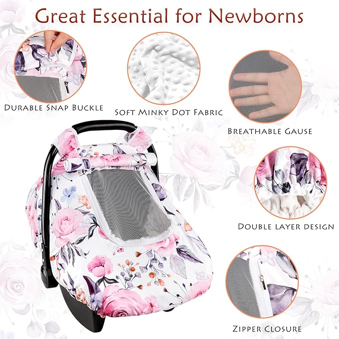 Floral Baby Carseat Cover Girls, Pea Pod Infant Car Seat Covers Canopy for Newborn with 2 Layers Windows of Breathable Mesh/Fabric, Lightweight Polyester/Minky Dot Backing, Snug Fit Most Baby Car Seat