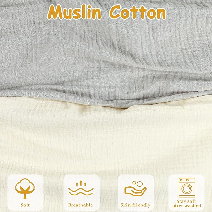 Hooyax Muslin Nursing Pillow Covers 2 Pack, Soft and Breathable Nursing Covers for Breastfeeding Pillows, Adorable Infant Feeding Pillow Slipcover for Baby Boy and Girls (Gray Creamy-White)