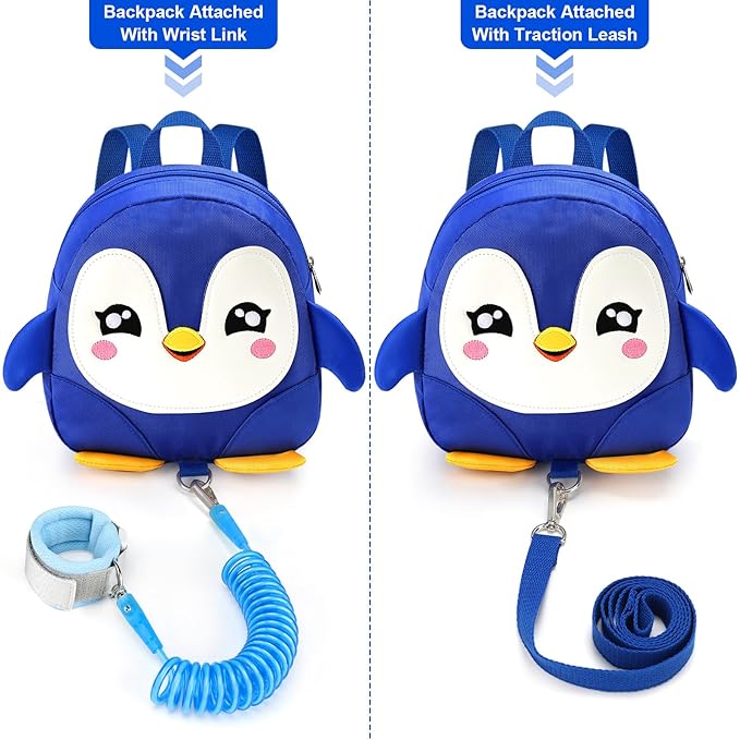 Accmor Toddler Harness Backpack Leash, Cute Penguin Kid Backpacks with Anti Lost Wrist Link, Mini Child Backpack Harness Leashes Walking Wristband Rope Travel Bag Harness Rein for Baby Girls (Blue)