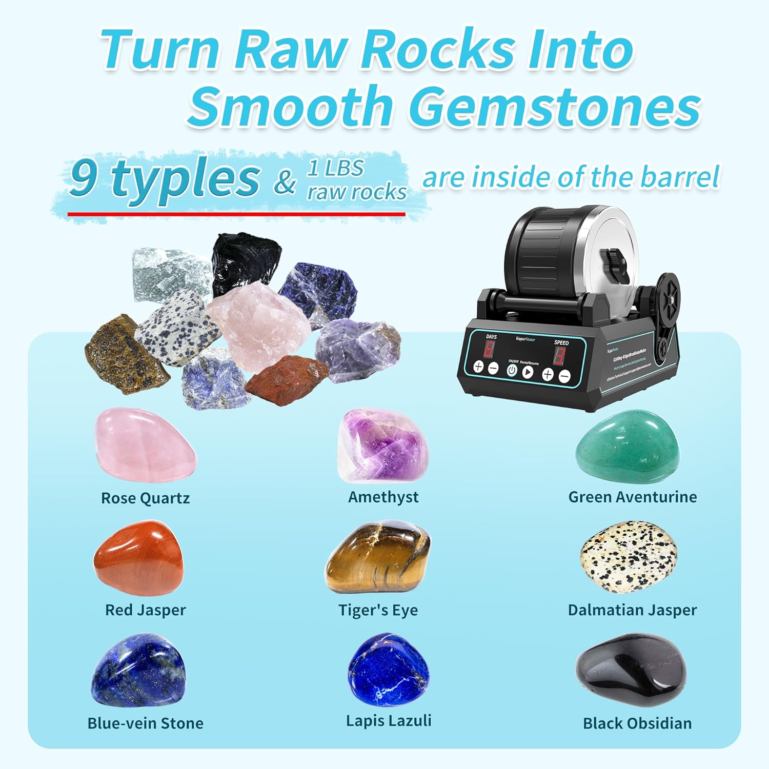 K1 Pro Professional Cutting-Edge Brushless Motor Advanced Rock Tumbler Polisher Kit, Extra Large 2.5Lb Barrel with 3-Speed Motor 9-Day Timer, Belts, Rough Gemstones, 4 Polishing Grits etc.