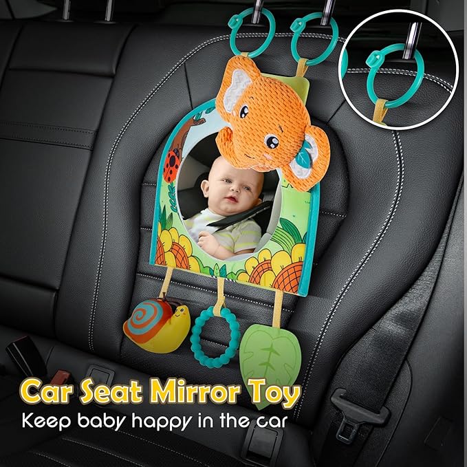 Car Seat Toy, Baby Car Mirror Toy for Rear Facing, Travel Baby Activity Center with Hanging Engaging Toys for Infants Babies 0-6-12-18 Months Boy Girl