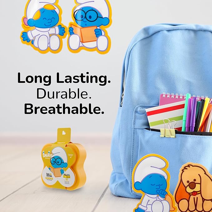 BioSwiss Bandages, The Smurfs Baby Smurf Shaped Self Adhesive Bandage, Latex Free Sterile Wound Care, Fun First Aid Kit Supplies for Kids and Adults, 50 Count Case