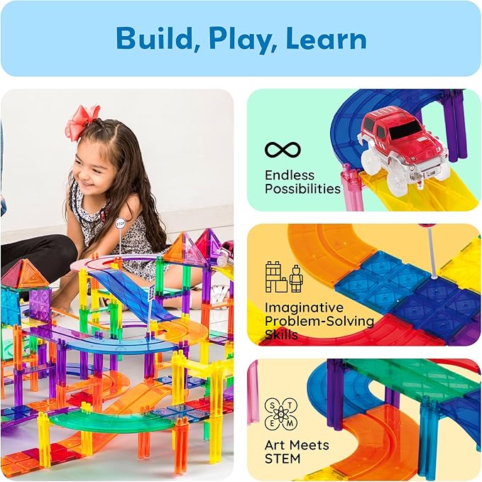 PicassoTiles 128pcs Magnetic Race Car Track Building Block Educational Toy Set Tiles Magnet Playset 3 LED Car STEM Learning Construction Kit Fine Motor Skill Training Brain Development for Kids Age3+