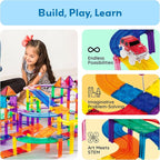 PicassoTiles 128pcs Magnetic Race Car Track Building Block Educational Toy Set Tiles Magnet Playset 3 LED Car STEM Learning Construction Kit Fine Motor Skill Training Brain Development for Kids Age3+