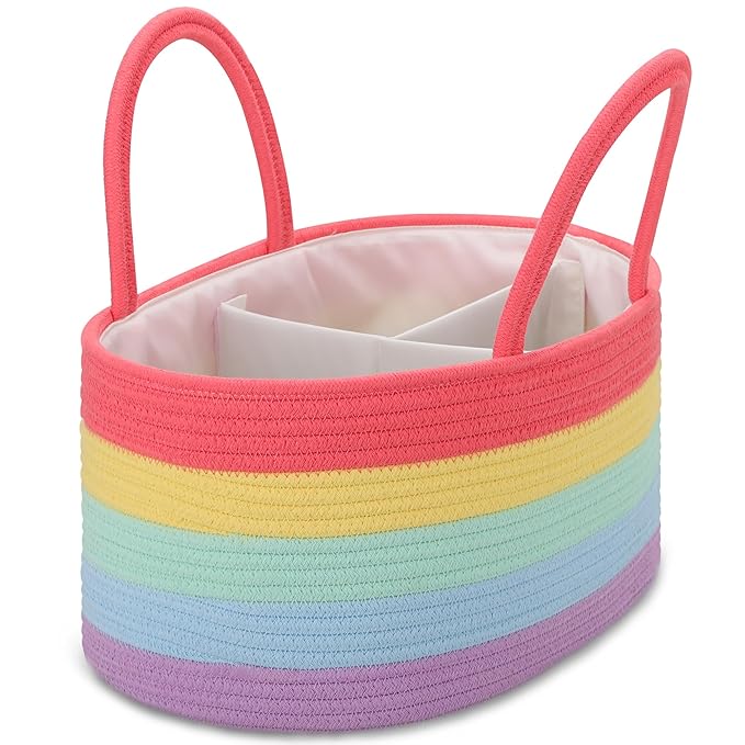 COMSE Large Baby Diaper Caddy Organizer for Girl Boy, Car Caddy with Handles, Cotton Rope Basket for Changing Table, Nursery Organizer, Gift for Baby Shower and Registry Must Have, Rainbow
