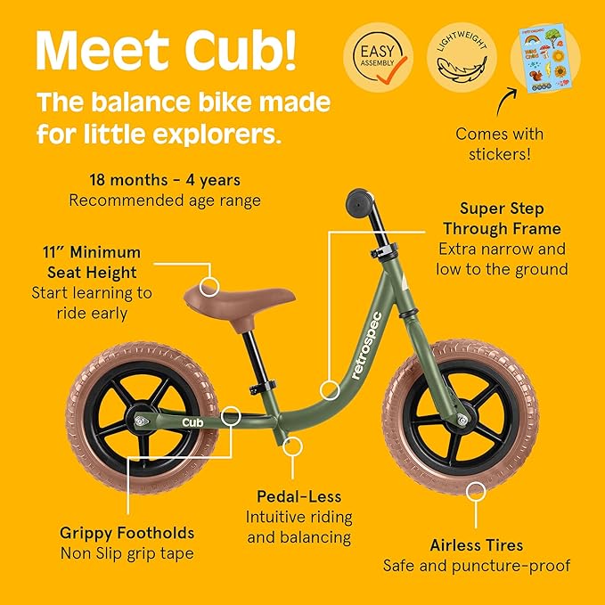 Retrospec Cub Toddler 12" Balance Bike, 18 Months - 3 Years Old, No Pedal Beginner Kids Bicycle for Girls & Boys, Flat-Free Tires, Adjustable Seat, & Durable Frame