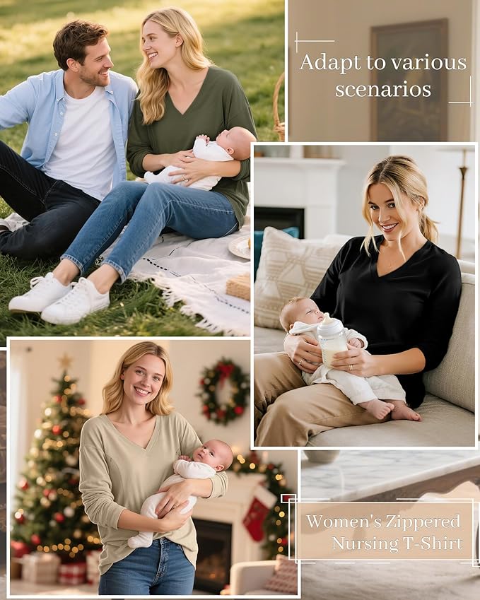 3 Pack Women's Oversize Nursing Shirts for Breastfeeding with Hidden Zippers Loose Fit Long Sleeve Maternity Tops