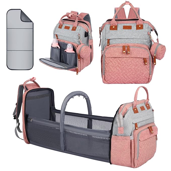 Diaper Bag Backpack, Baby Diaper Bag, Multifunctional Large Capacity, with Diaper Changing Station, Travel Diaper Bag Backpack (Pinkish Gray)