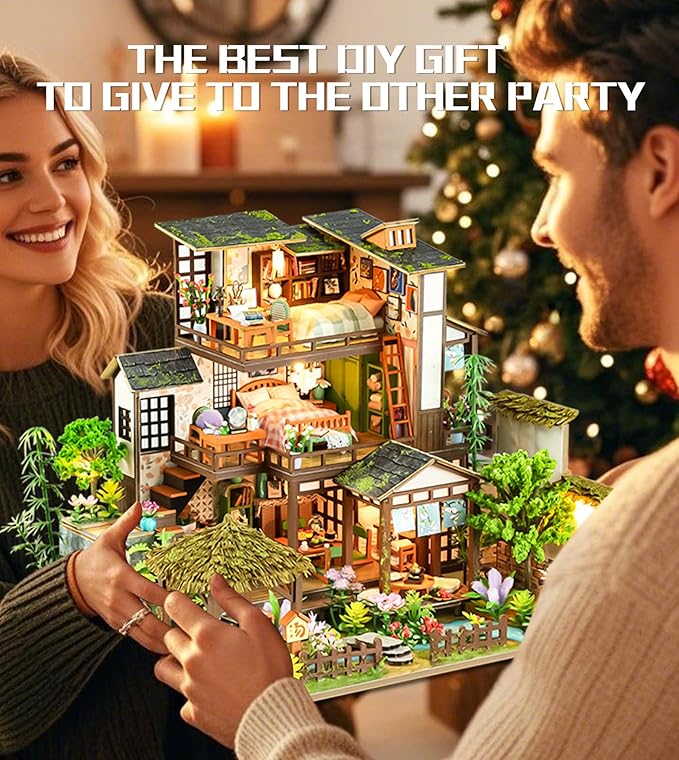 Spilay Miniature Dollhouse Miniature House Kit,DIY Kit Mini Modern Villa Model with Music Box ，Best Christmas Birthday Gift.(Bamboo Spring Courtyard)