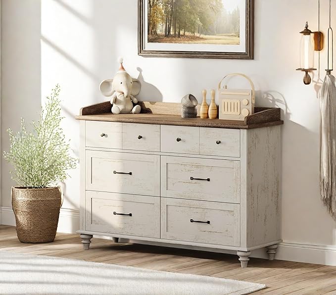 WAMPAT Baby Dresser with 6 Drawers for Kids Room, Antique White Kids Dresser Wooden Double Dressers for Bedroom, Storage Organizer for Children’s Bedroom, Nursery Furniture