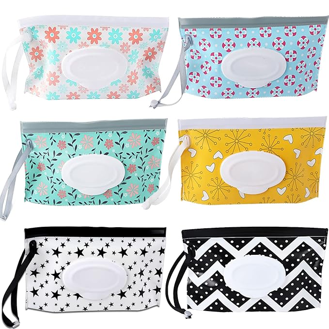 FEBSNOW 6 Pack Baby Wipes Dispenser, Portable Refillable Wipe Holder, Baby Wipes Container, Reusable Wipes Case, Baby Travel Wet Wipes Pouch