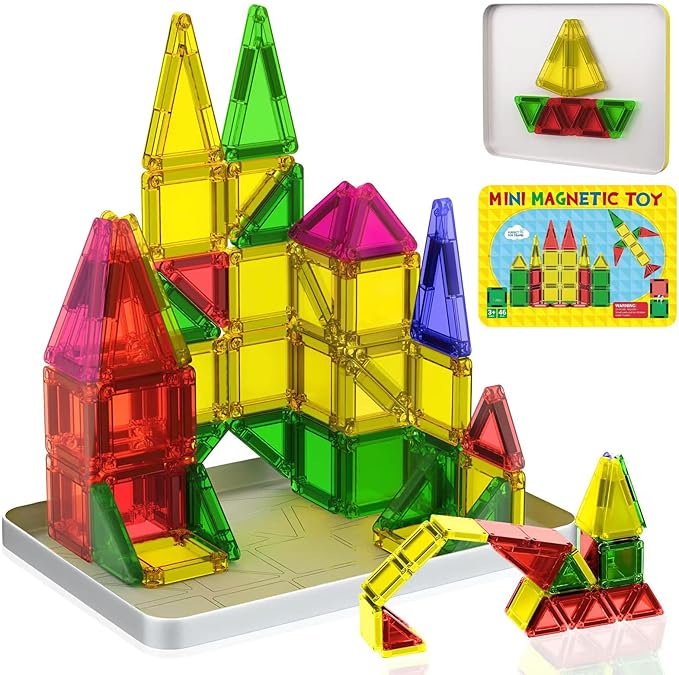Mini Magnetic Tiles, 46PCS Travel Magnetic Tiles with Case, STEM Educational Building Set Construction Toys for Kids Ages 3+, Portable Building Toys for Toddlers, Boys & Girls Birthday Gift