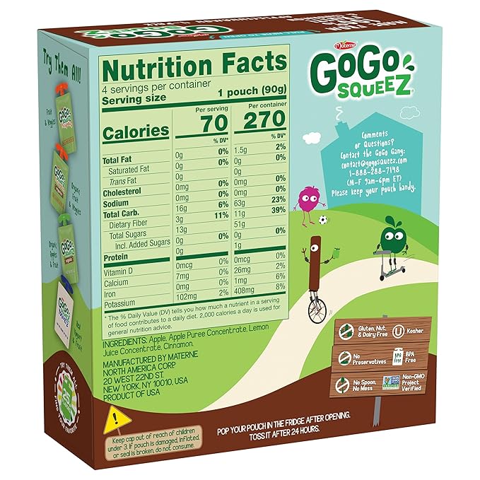 GoGo squeeZ Applesauce and Fruit Puree, Apple Cinnamon, 3.2 oz (Pack of 48), Unsweetened Fruit Snacks for Kids, Gluten Free, Nut Free and Dairy Free, BPA Free Pouches (Packaging May Vary)