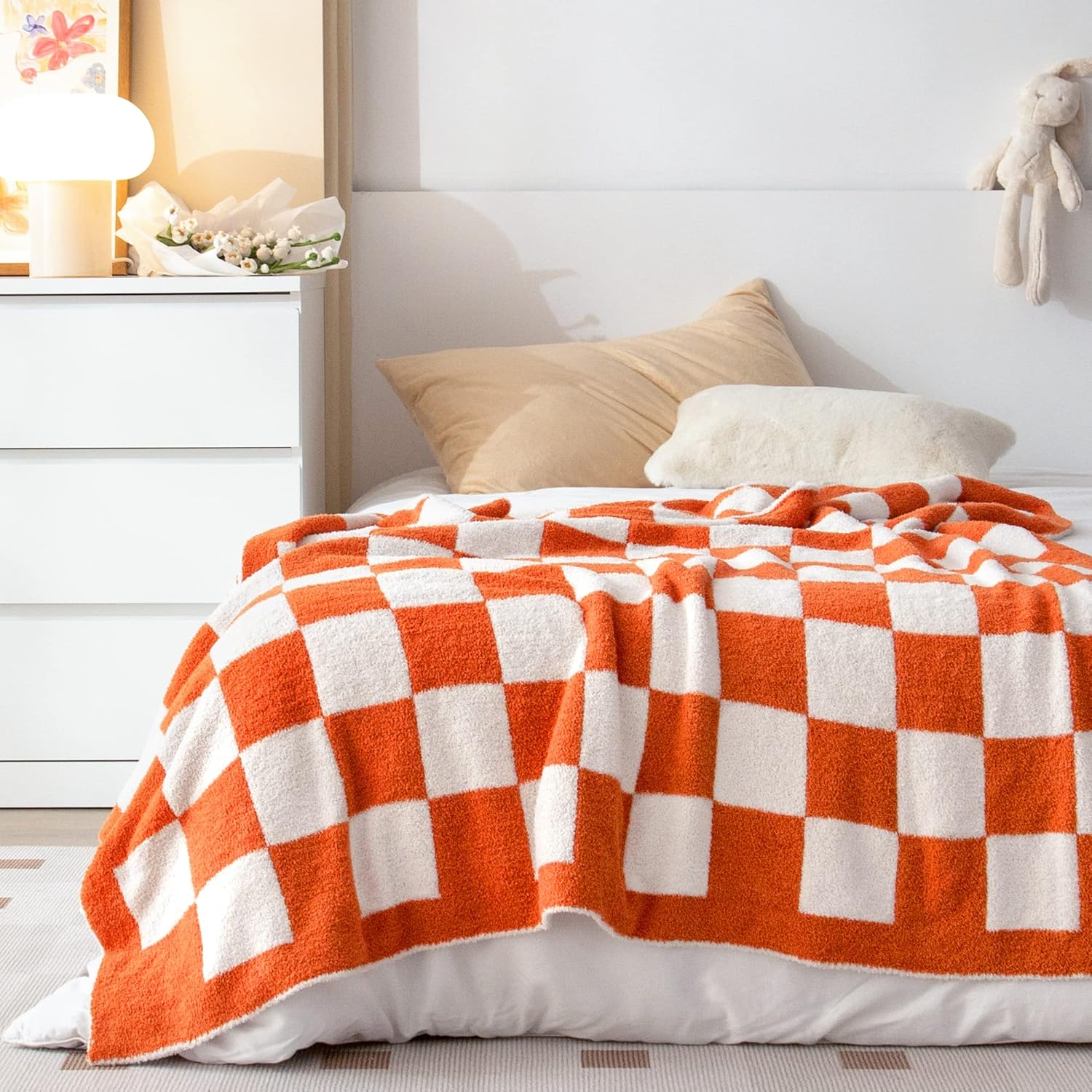 SeaRoomy CheckeredThrow Blanket, Soft Fluffy Microfiber Knit Throw Blanket for Couch Bed, Warm Cozy Reversible Checkerboard Knitted Blanket Room Decor(Burnt Orange, 60"×79")