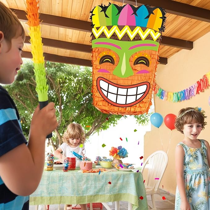 WERNNSAI Tiki Piñata -Tropical Hawaii Piñata with Blindfold and Bat for Girls Boys Kids Piñata Hawaiian Luau Themed Party Decorations for Summer Birthday Party Supplies Carnivals Festivals Celebration