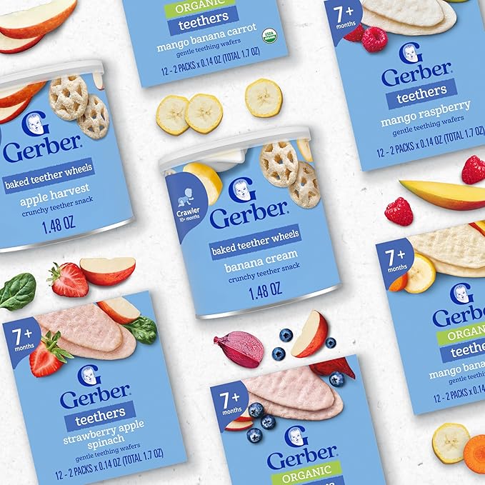 Gerber Baked Teether Wheels, Banana Cream Crunchy Teether Snack, Baby Crackers, 6PK