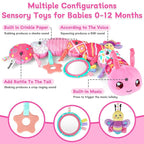 Baby Girls Toys 6-12 Months - Infant 6-in-1 Sensory Music Animal Stuffed Caterpillar Toy with Rattle & Mirror Crinkle for Tummy Time, Newborn 0 3 6 9 12 18 Shower Gifts Soothing Companion Toys, Pink