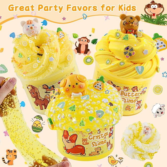 LAWOHO 6 Packs Gradient Yellow Slime Kit - Clear, Butter, Cloud Slimes, Fluffy Slimes for Kids with Charms & Animal Add-ins, Party Favors for Girls & Boys, 360ml Non Stick Slime Making Kit for Kids