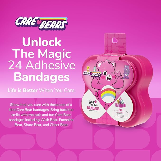BioSwiss Care Bears Bandages, Unlock The Magic Care Bear Shaped Self Adhesive Bandage, Latex Free Sterile Wound Care, Fun First Aid Kit Supplies for Kids, 50 Count