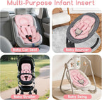 Infant Car Seat Insert for Newborn Girls Boys, Summer Mesh Baby Carseat Head Support with Strap Pads, Soft Reversible Baby Car Seat Insert Cushion Pad for Car Seat, Stroller, Bouncer, Swing, Pink