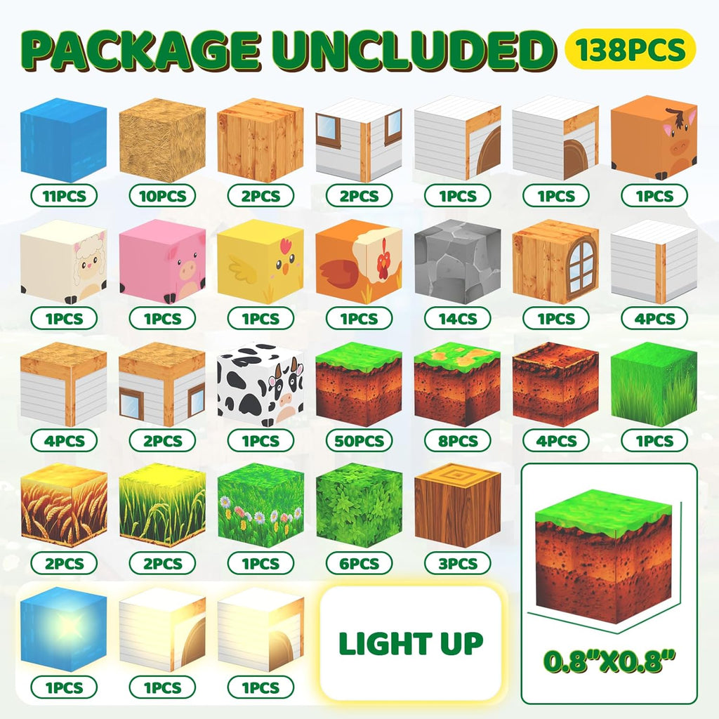 Magnetic Blocks - 138 PCS Building Blocks Set with 3 Light-Up Blocks, STEM Construction Cubes Toys for Kids 4-8, Toddler Sensory Stacking Toys, Christmas Birthday Gift for Boys and Girls Ages 3+