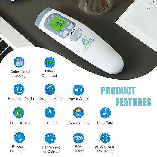 Amplim Non-Contact Forehead Thermometer for Kids and Adults. AmpMed No-Touch Baby Head Temporal Thermometer. Touchless Digital Fever Thermometer for Accurate Temperature Reading (White Blue)
