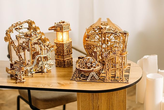 Wood Trick Wooden Marble Run Spiral Electric Motorized - Wooden 3D Puzzles for Adults and Kids to Build - 13x13 - Roller Coaster Mechanical Wooden Model Kits for Adults and Teens to Build