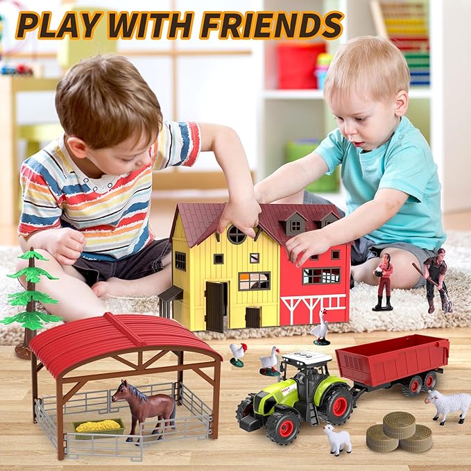 Barn Farm Animal Toys for Kids,Tractor Trailer with Lights & Sound, Farm Barn Playset Horse Stable,Farm Accessories, Pig,Sheep,Goose Duck Birthday Gifts for Kids Toddlers Boy Girl 3-7 Years Old