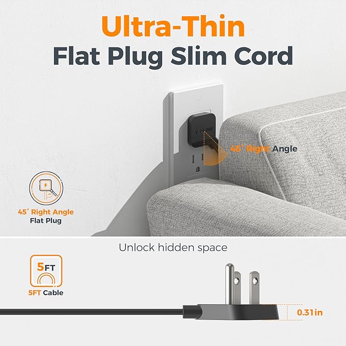 Black Extension Cord 5 Ft, TESSAN Flat Surge Protector Power Strip with 4 Wide Spaced AC Outlets 3 USB Ports (1 USB C), Ultra Thin Flat Plug with 900J Surge Protection, Office Dorm Room Essentials