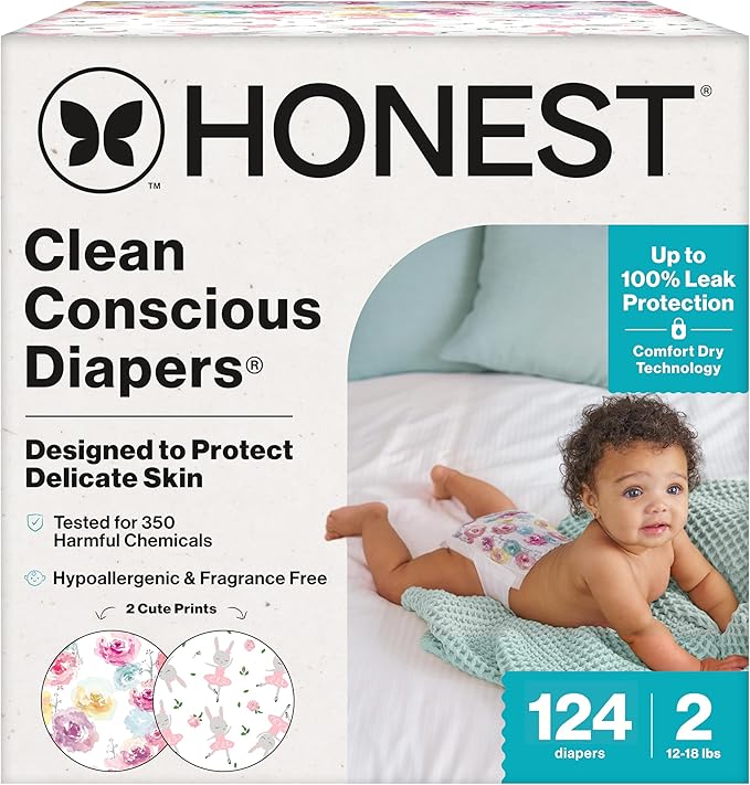 The Honest Company Clean Conscious Diapers for Delicate Skin | Up to 100% Leakproof | Hypoallergenic, Fragrance Free | Girl Prints | Super Club Box, Size 2 (12-18 lbs), 124 Count (Prints May Vary)