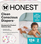 The Honest Company Clean Conscious Diapers for Delicate Skin | Up to 100% Leakproof | Hypoallergenic, Fragrance Free | Girl Prints | Super Club Box, Size 2 (12-18 lbs), 124 Count (Prints May Vary)