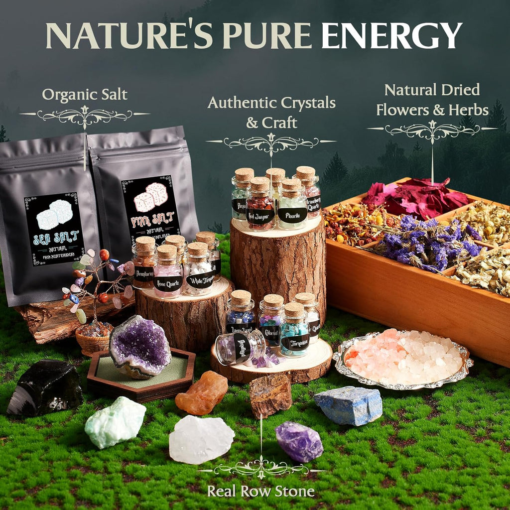 Witchcraft Supplies Kit, 150Pack Wiccan Supplies and Tools Witchy Gifts for Beginners, Dried Herbs, Crystals, Candles, Green Witch Altar Starter Spell