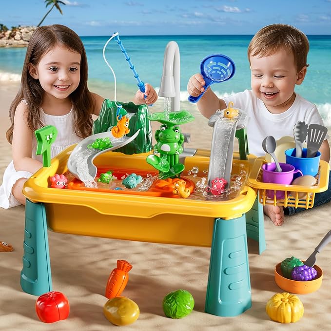 Kitchen Sink Toys Toddlers 3-5, Play Sink with with Electric Water Pump, Water Table for Kids Ages 4-8, Fishing Game Outdoor Toys Pretend Role Play Toys for Boys Girls 3 4 5 6 7 8