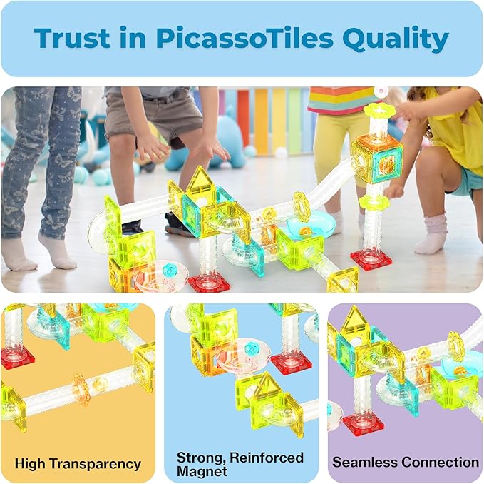PicassoTiles Magnet Tiles Building Block Travel Size Magnetic Marble Run Construction Toy Set Mini Diamond Marble Racetrack Building Blocks Playset Education STEM Learning Kit Boy Girl 3+ PTMG45