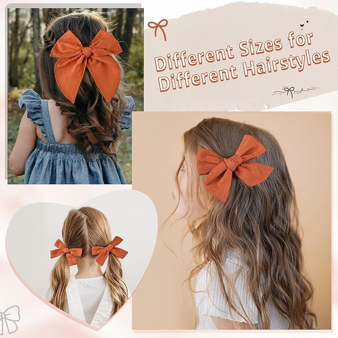 DEEKA 4 PCS Burnt Orange Cotton Linen Hair Bows 3 Styles 5" & 4" Handmade Hair Bow set for Toddler Girls Alligator Hair Clips Knot Bows Hair Accessories for Little School Girls (Burnt Orange)